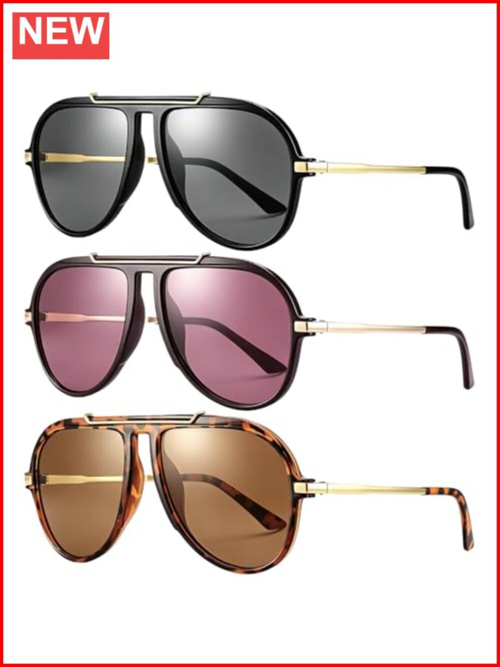 Oversized Retro Aviator Sunglasses Double Bridge Oval Frame UV400 Protection